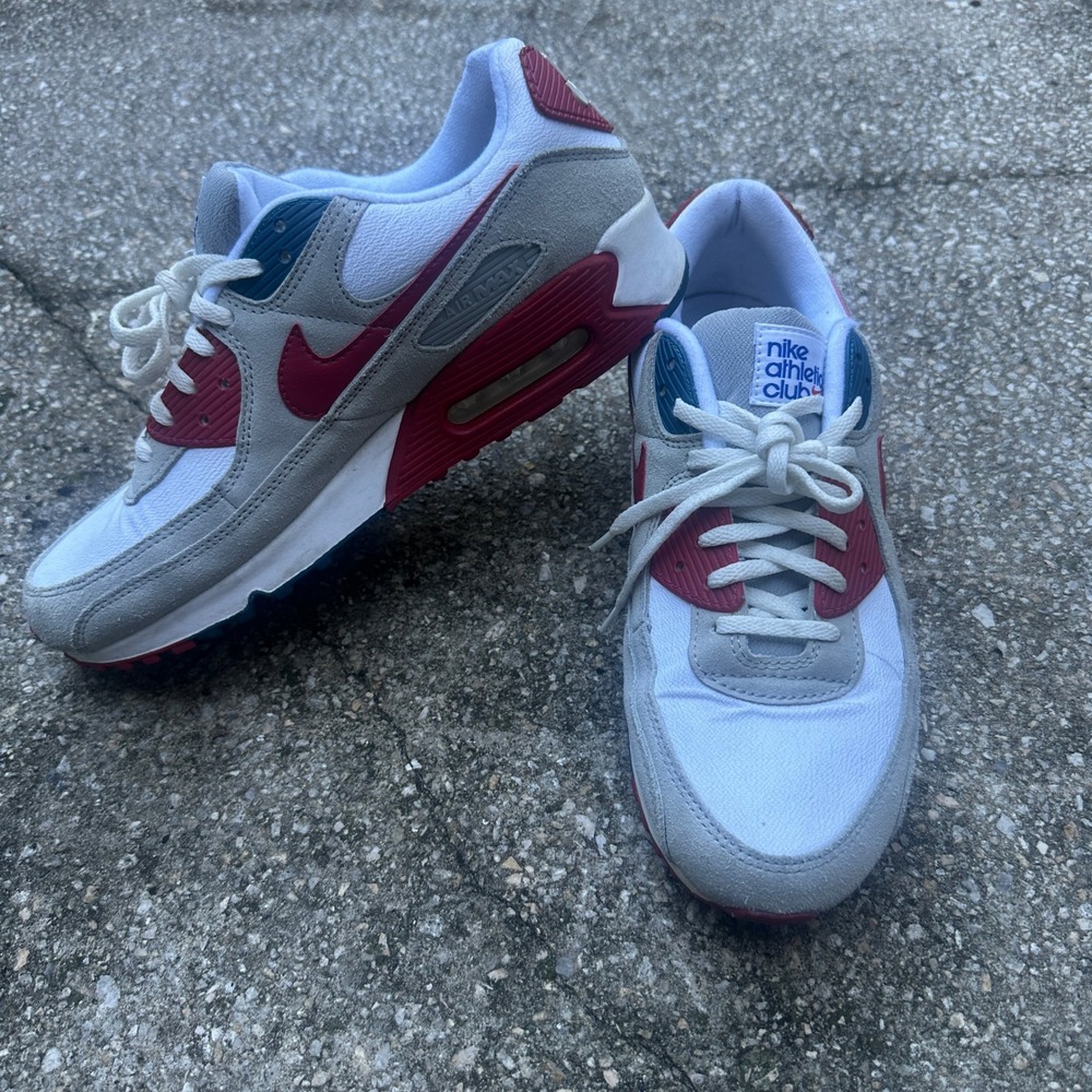 Nike Air Max 90 SE Athletic Club Grey Red Blue DJ5179-001 Mens Sneakers